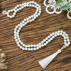 8mm White Porcelain Mala Necklace 108 Beads Knotted Japamala Meditation Yoga Blessing Jewelry Tibetan Tassel Pendant