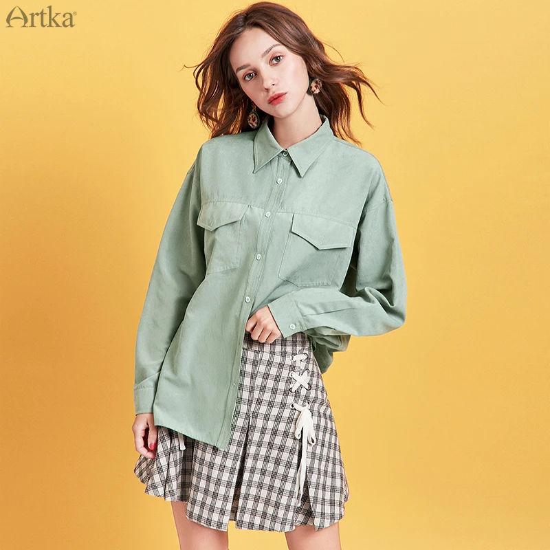 ARTKA 2020 Spring New Women Blouses Pure Color Turn-down Collar Shirt Minimalist Loose Casual Long Sleeve Blouses Women SA10394Q