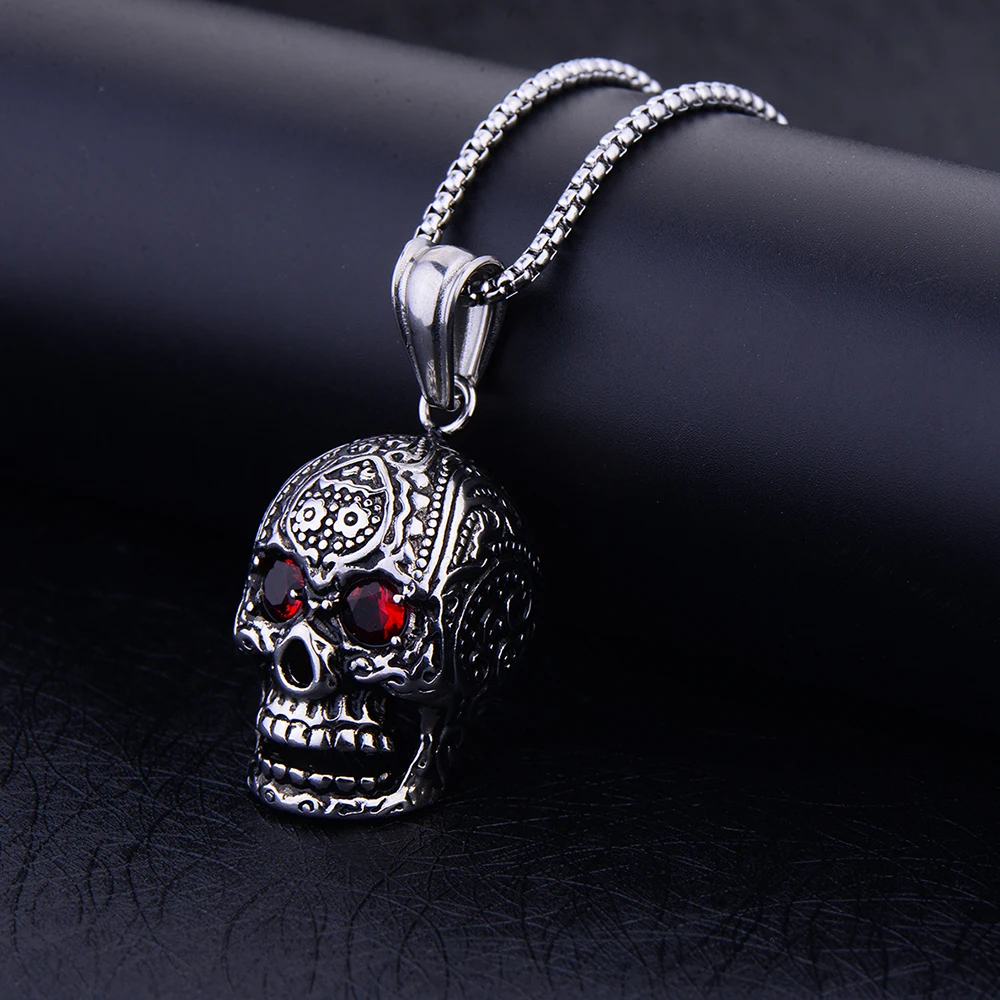 316L Titanium Steel Gold Black Color Red Crystal Skull Pendant Necklace Punk Hip Hop Rock Jewelry Stainless Steel Necklace