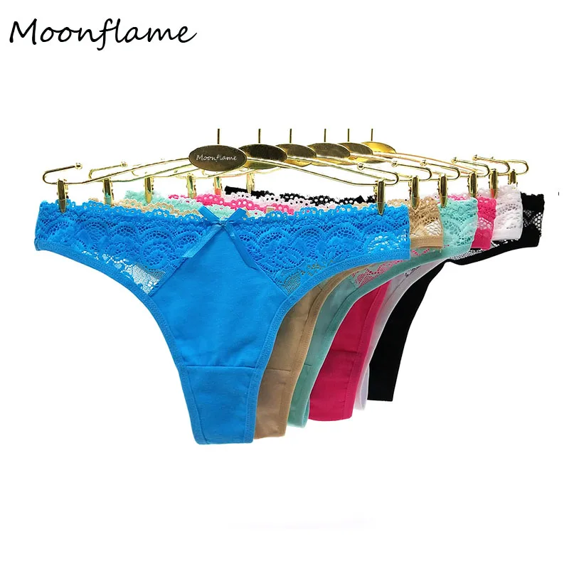 

Moonflame 5 Pcs/Set Ladies Underwear Woman Panties Sexy Lace Low-Rise G String Cotton Thongs