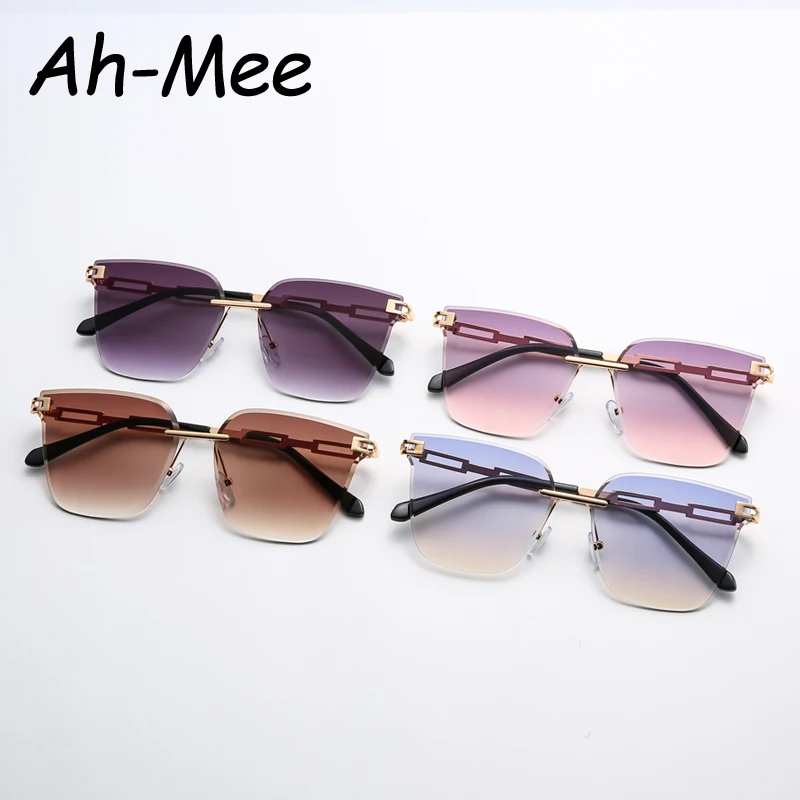 New Sunglasses Women Rimless Cat Eye Eyewear Gradient Brown Cutting Lens Sun Glasses For Female Alloy Eyeglasses Brand Designer