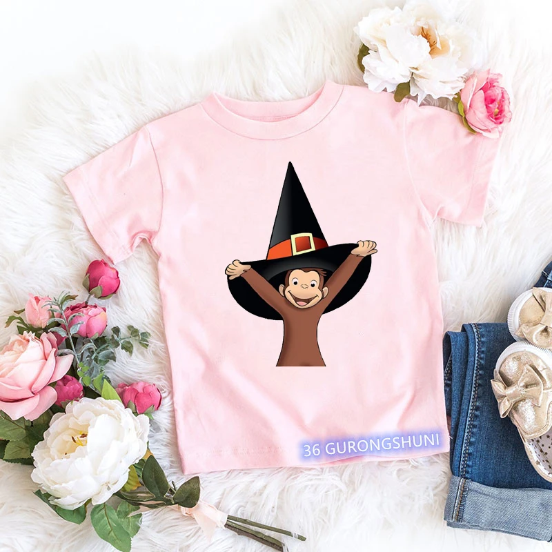 Kawaii girls t-shirts Curious George Cartoon monkey print children's clothing summer tees girls tshirts pink short-sleeved tops