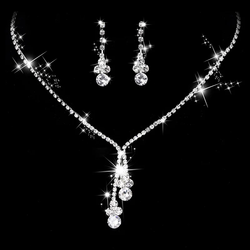 Bijoux de Mariée en Cristal Plaqué Argent, Ensemble de Boucles d\'Oreilles en Strass pour Robe, Banquet, Collier, Cadeau pour Dame