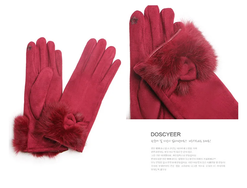 Winter Female Suede Leather Bow Plush Wrist Mitten Women Thick Plus Plush Windproof Warm Touch Screen Driving Gloves J22