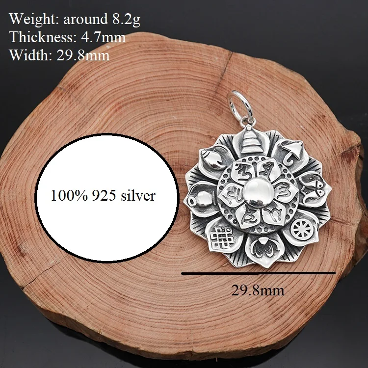 100% 925 Silver Tibetan Six Words Pendant the Buddhist Eight Auspicious Symbols Pendant Tibetan Pendant Good Luck Amulet