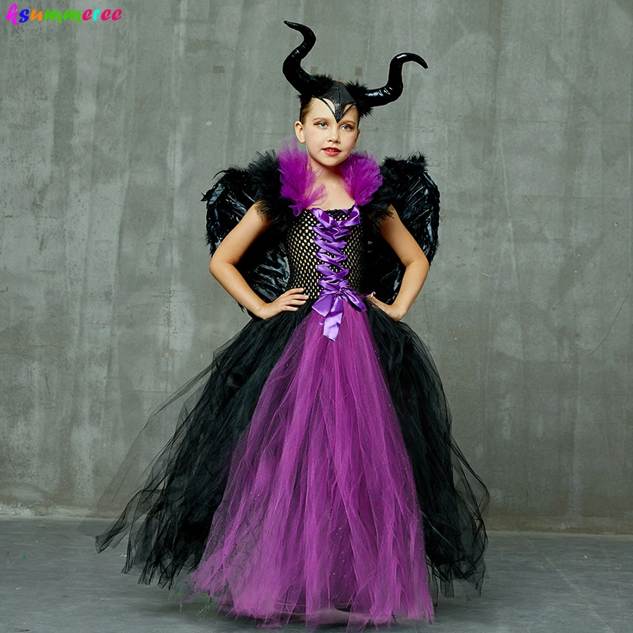 3PCS Halloween Costume Dress Deluxe Girls Fancy Christening Black Glam Gown Tutu Dress Kids Demon Queen Sorceress Clothing