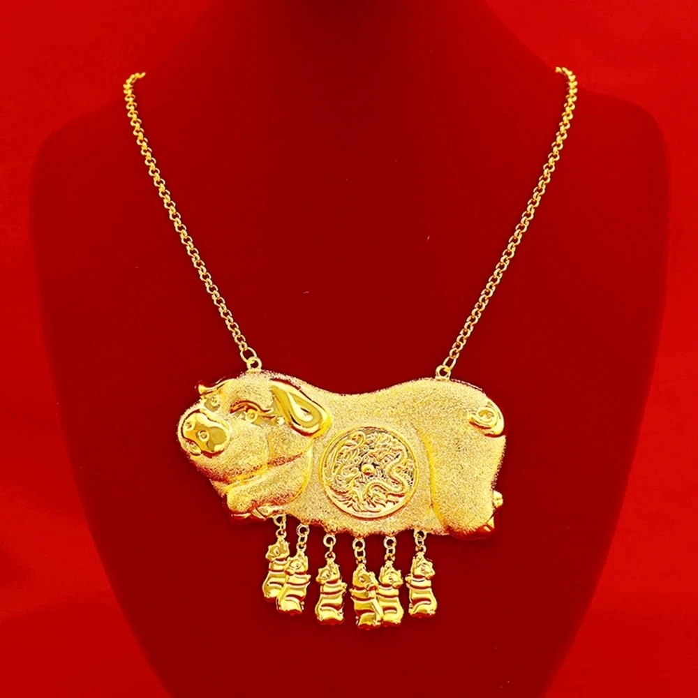 Vintage Pig Baby & Pig Mother Pendant Necklace Yellow Gold Filled Women Luxury Wedding Party Jewelry