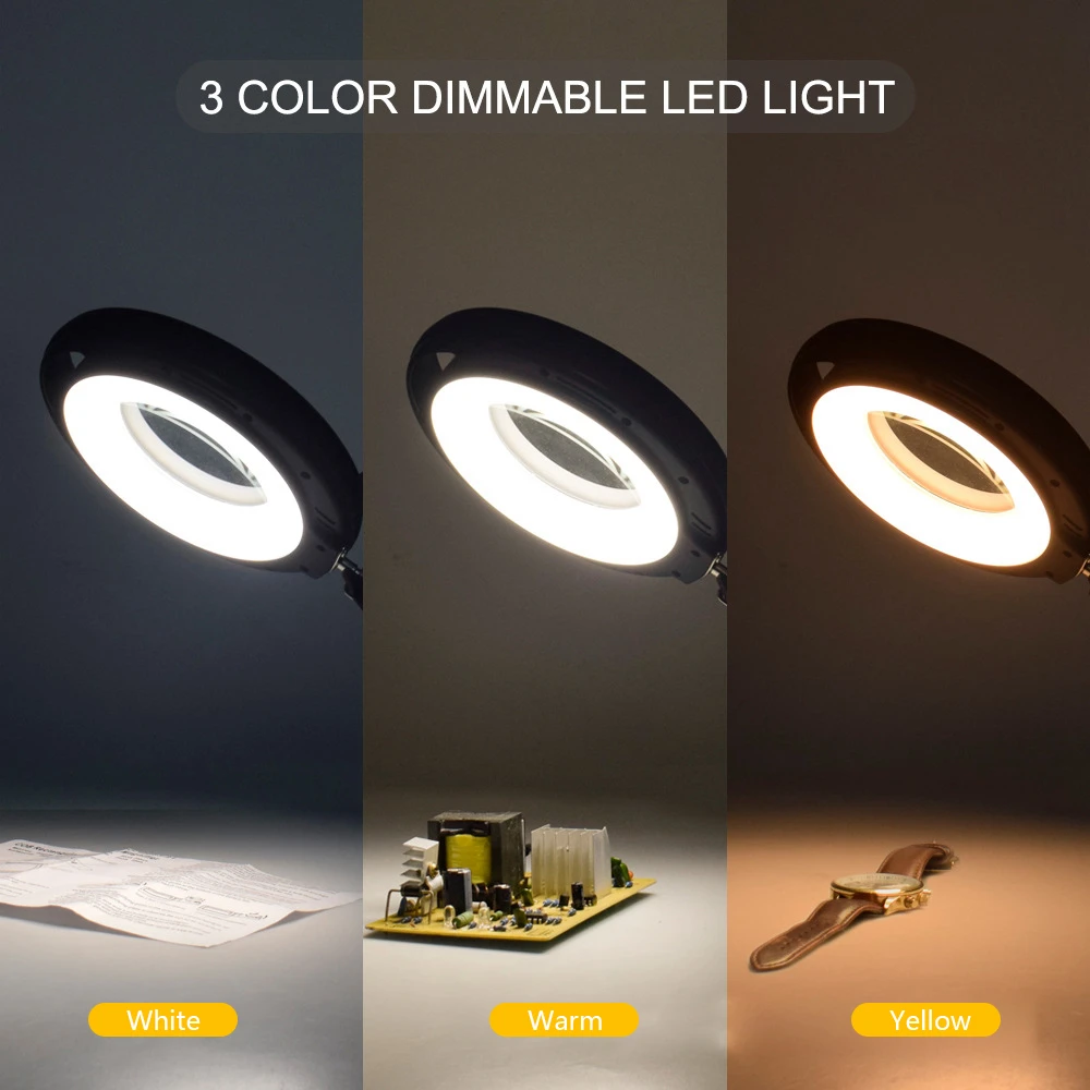 LED Remote Control Desk Lamp Clip on Light 5Xlens Magnifying Glass Clamp Dimming Table Lamp 3 Colors For Reading Tattoo Computer