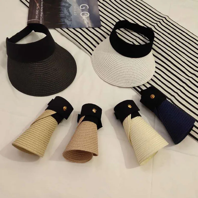 Summer Wear Woven Straw Hats Women Breathable Empty Top Casual Beach Visor Caps Wide Large Brim Hat Adjustable Foldable Sun Caps