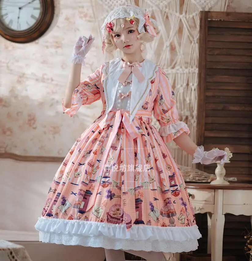 

Cute Kawaii Lolita op short-sleeved dress court vintage lolita dress Cos navy loli princess tea party Japanese Harajuku Vestidos