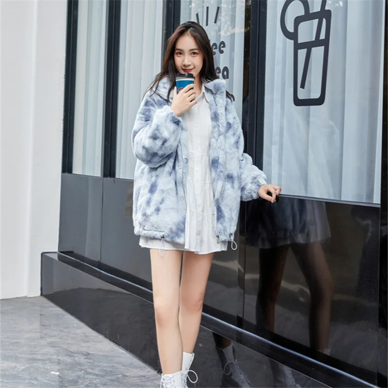 Outono inverno vintage tie-dye falso casaco de pele de coelho feminino coreano gola manga longa casual curto outerwear casaco feminino