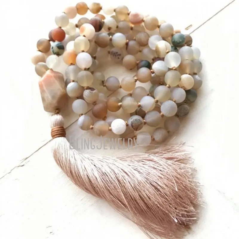 MN21280 Joy Of Life Mala Beads Joyfulness Sunstone   Druzy Agate Necklace 108 Bead  Choose Your Tassel