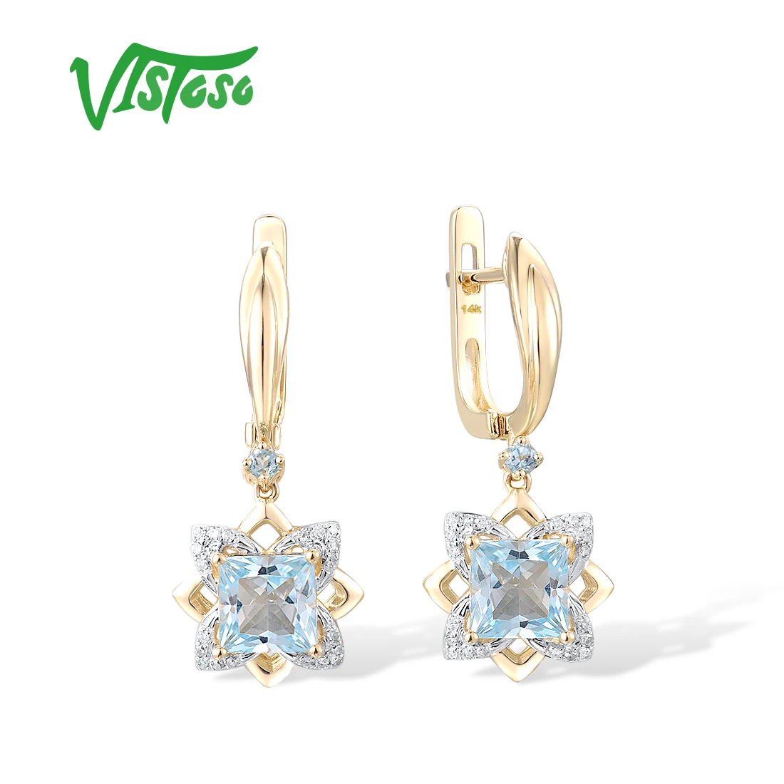 VISTOSO Gold Earrings For Women Pure 14K 585 Yellow Gold Sparkling Square Blue Topaz Diamond Earrings Gorgeous Fine Jewelry