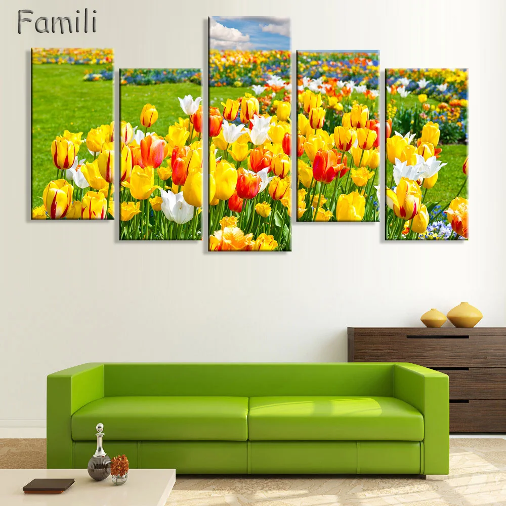 No Frame pictures 5PCS Modular Wall Picture Art Painting Of Roses Tulips Print On Canvas Paintings Posters Living Room Bedroom