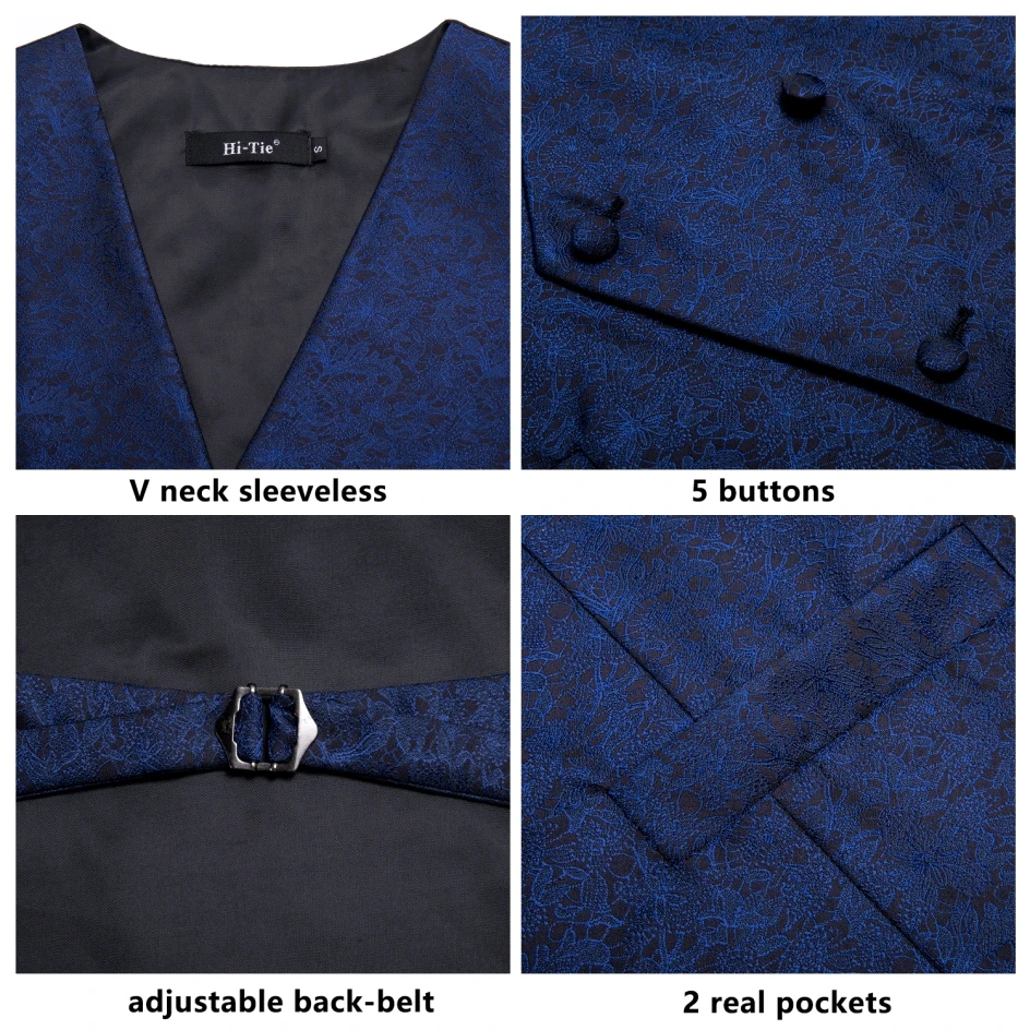 Coletes de vestido formal masculino de seda, gravata fina, abotoaduras para terno, colete floral Paisley azul, 4 peças