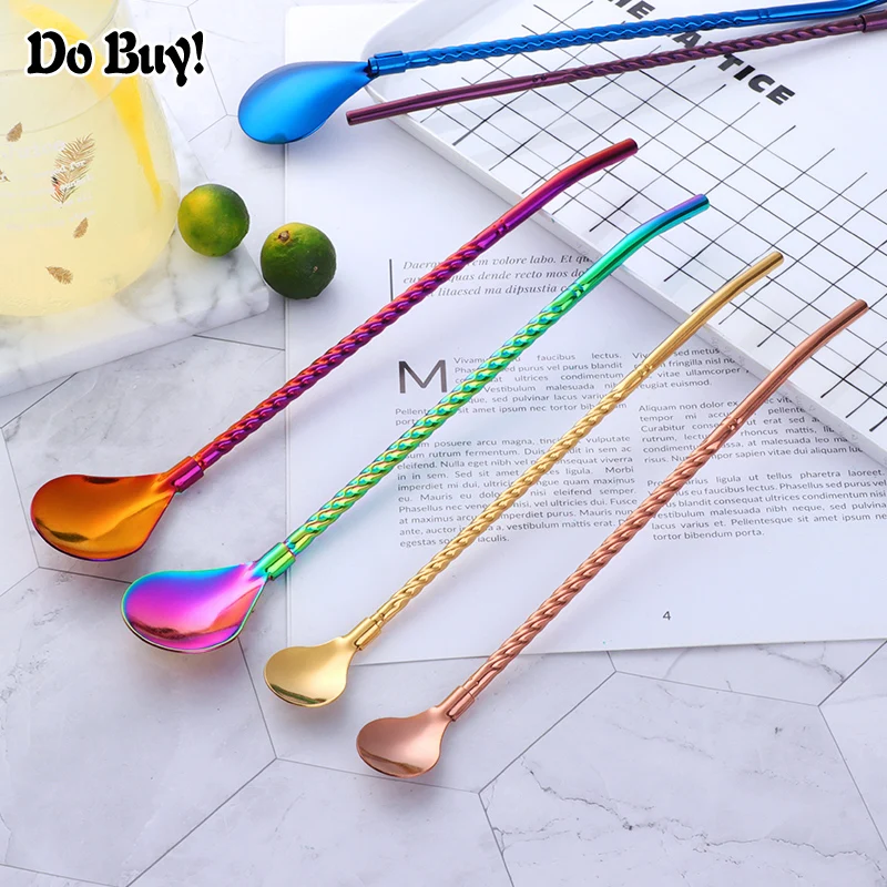 1 Pcs Stainless Steel Straw Spoon Reusable Colored Portable Straw Spoon Cocktail Coffee Stirring Spoon Size S/L