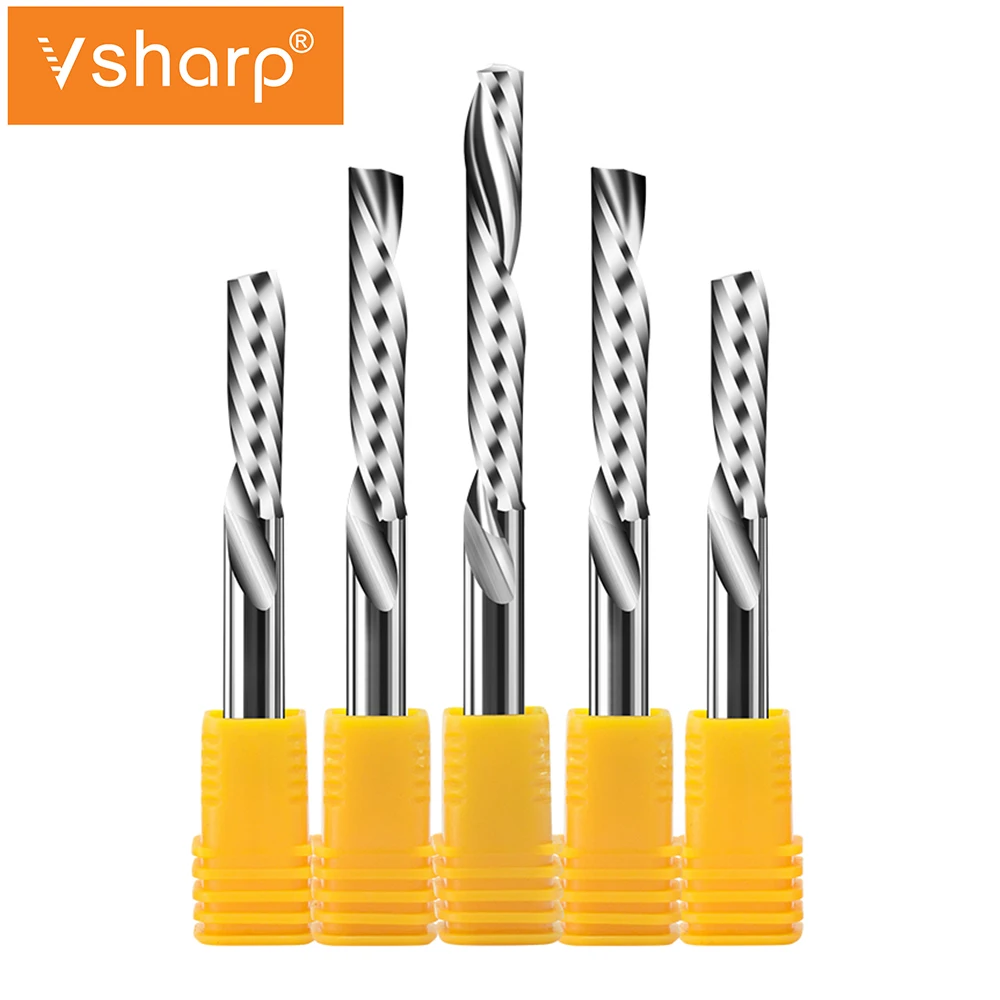 Vsharp AAA Left Spiral Milling Cutter Down Cut One Flute  CNC End Mill 6 8 10 mm Shank Engraving Bits Tungsten Steel Acrylic