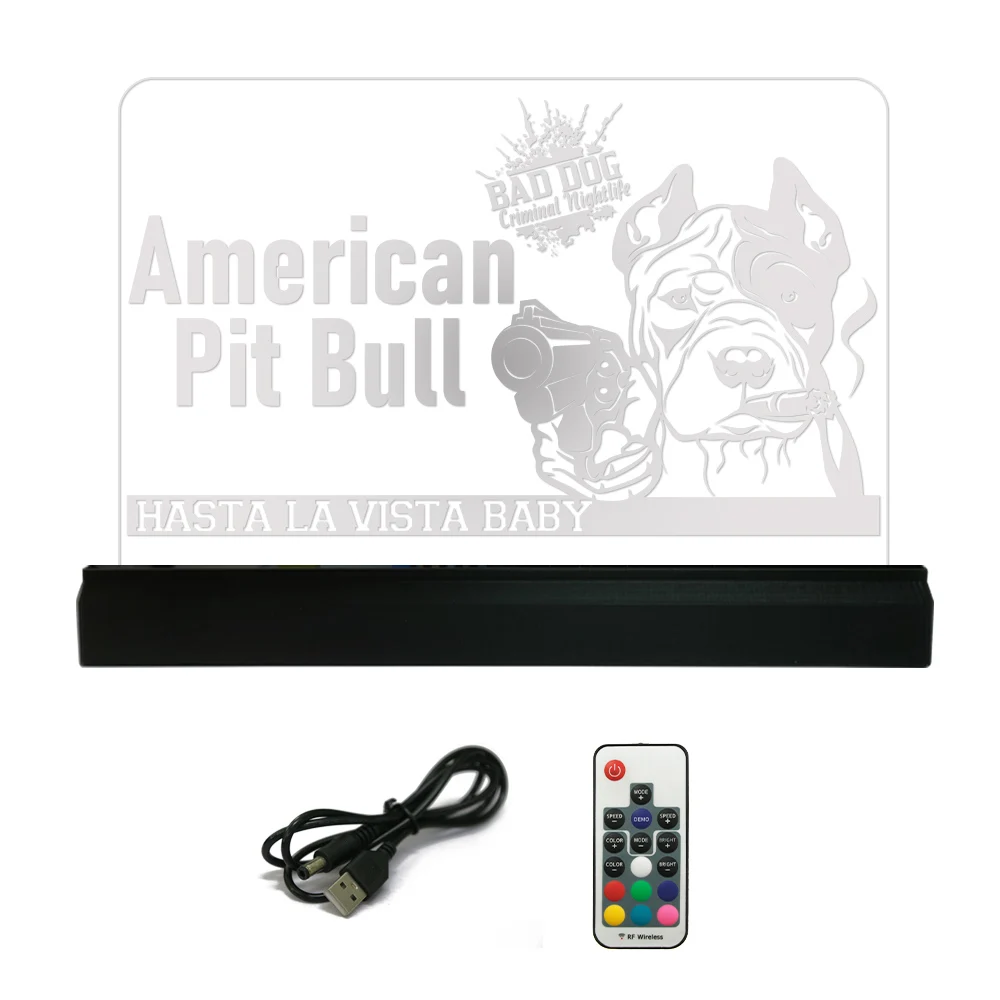 American Pit Bull Dog With Cigar USB LED Lamp Pit Bull Terrier Gangster Glowing Desk Lamp Colorful Discoloration Puppy Dog Breed