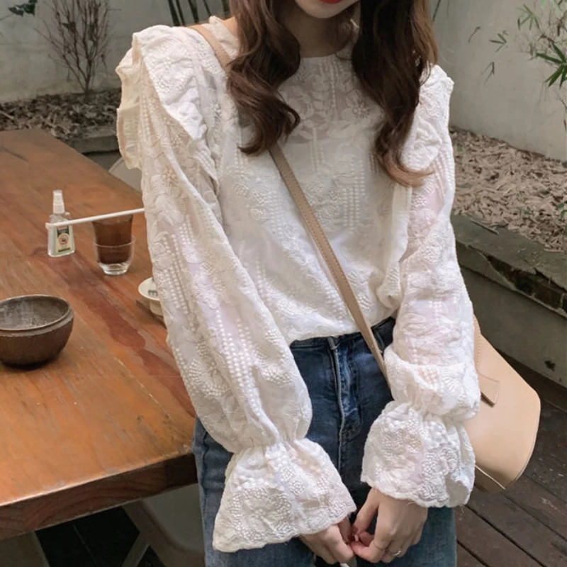 Women Blouse Elegant Romantic Embroidery Spring Tender Long Sleeve White All-match Pure Top Office Street Leisure Comfort Kawaii