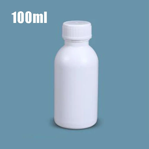 Botella blanca de HDPE de 300 piezas y 100ml, botella de medicina, botella de líquido, botella de plástico con almohadilla de papel de aluminio