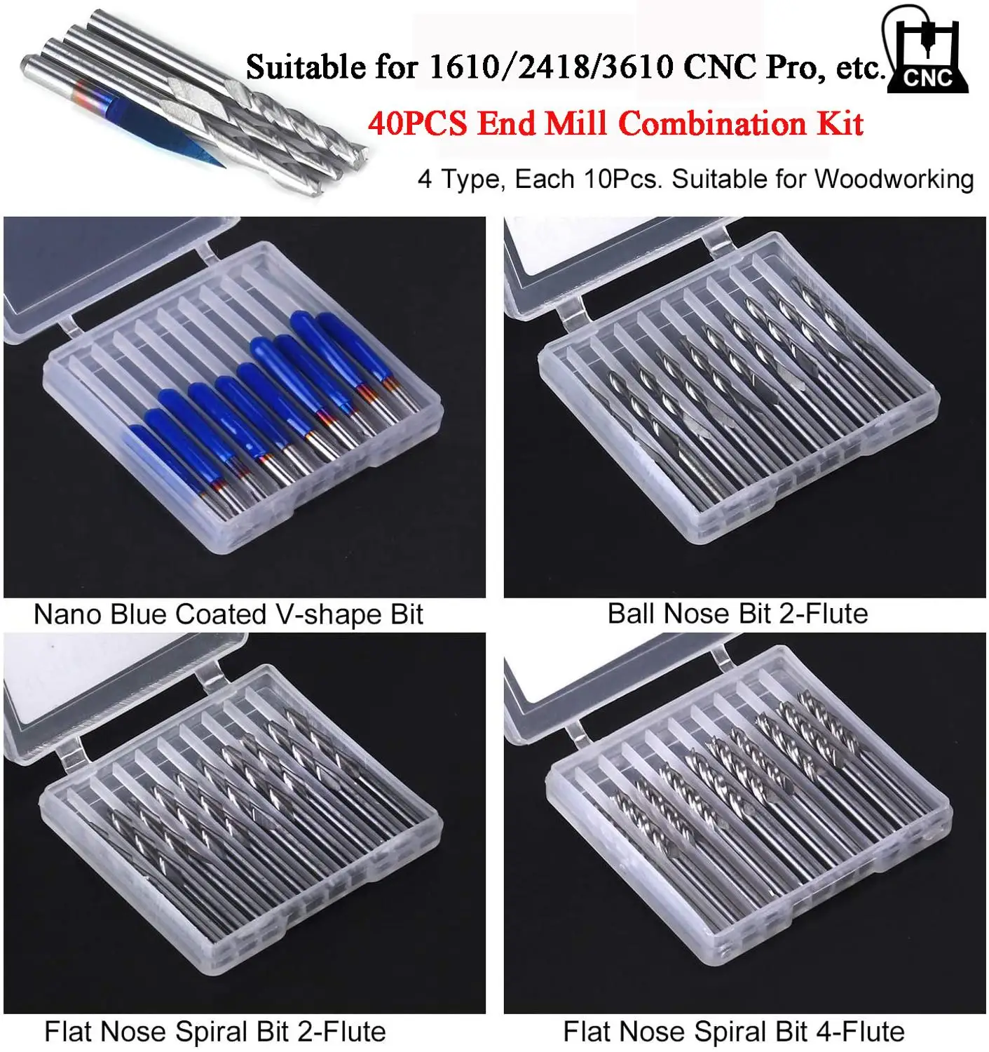 3.175mm  End Mill Bits 40 Pieces CNC Router Bits Cutter Cutting Milling Tool Mini PCB End Mill Carbide Rout CNC End Mill Set