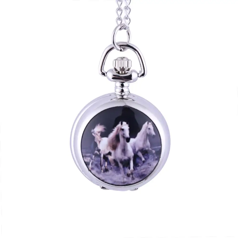 Silver low-key luxury two horses meaning success pattern mini open cover pocket watch with chain