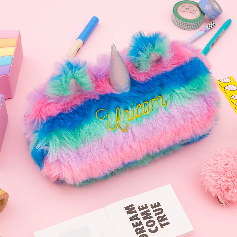 Kolor tęczy Faux Fur Unicorn piórnik portfel pokrowiec piśmiennicze piórnik damska torba kobiety podręczna kosmetyczka torebka