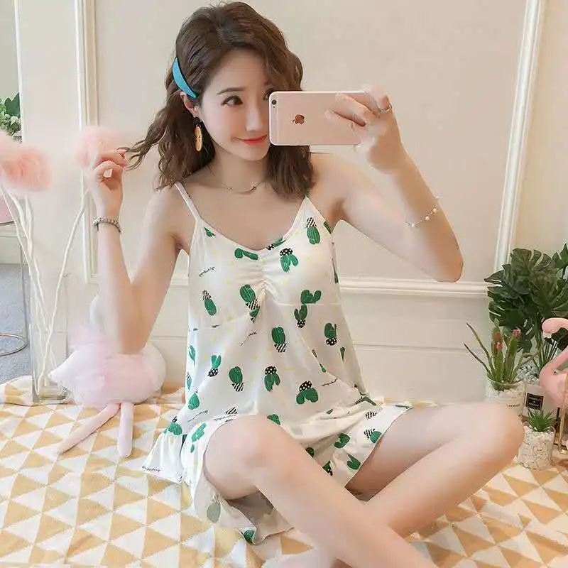 Pajama Sets Women Adjustable-strap Sleeveless Ruffled Padded Korean Style Sexy Lady Sleepwear Loose Printed Comfortable Trendy