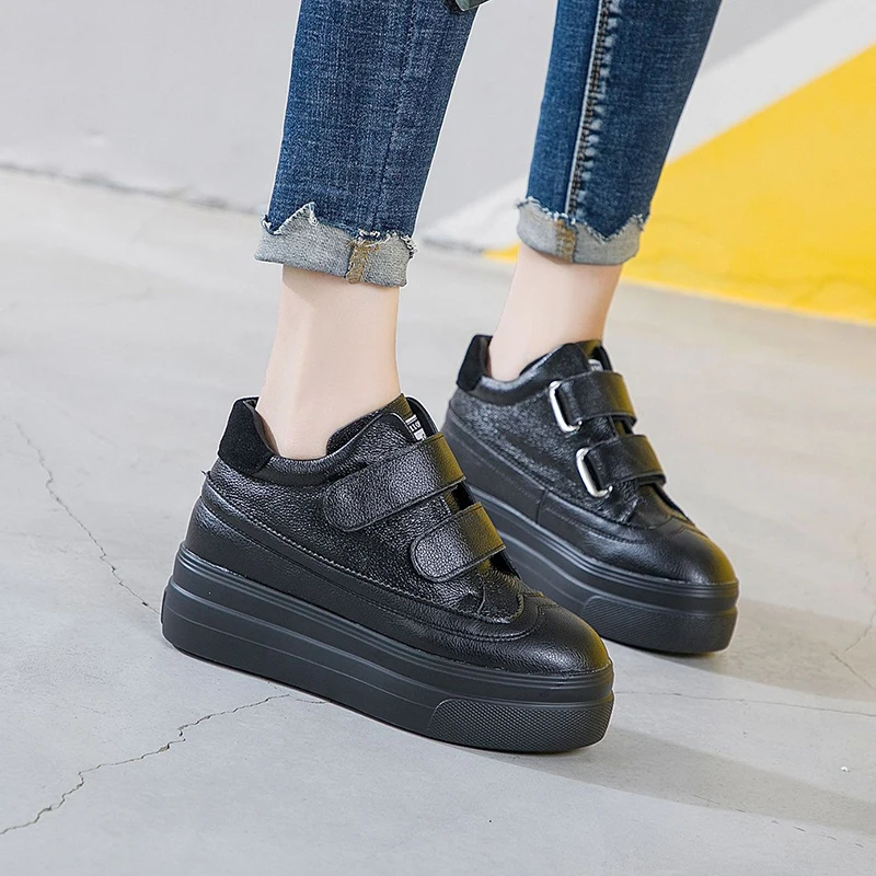 

Women's Chunky Sneakers Genuine Leather Casual Hook Loop Women Shoes High Heels Women Autumn Winter Sneakers Black White Shoes