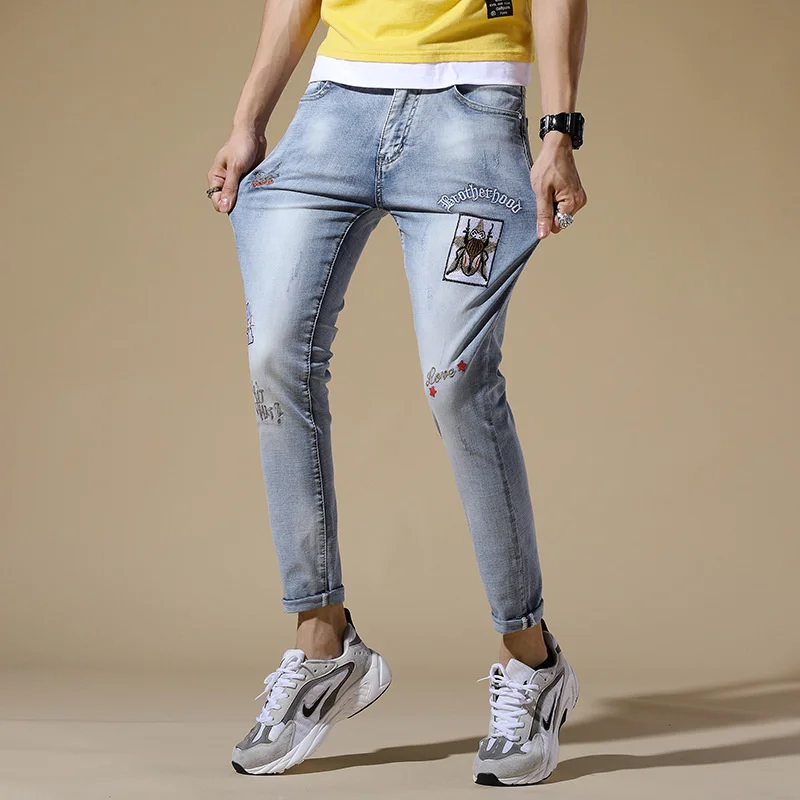 Summer Mens Autumn Crop jeans Insect Letter Embroidery Stretch Jeans fashion Man Casual Skinny denim trousers Ankle Length pants