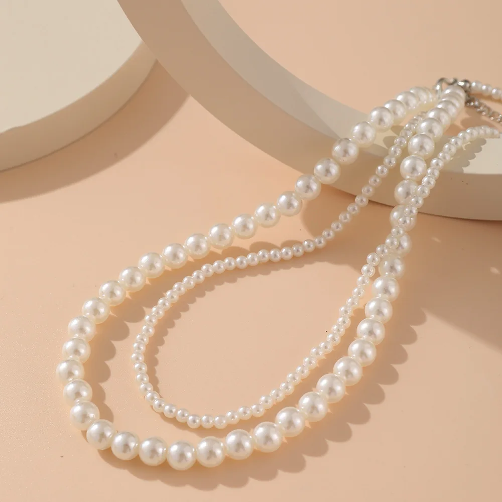 Fashion Choker Necklace Women Simulated Pearl Chunky Jewelry Double Layer Beads Collar Necklaces For Women
