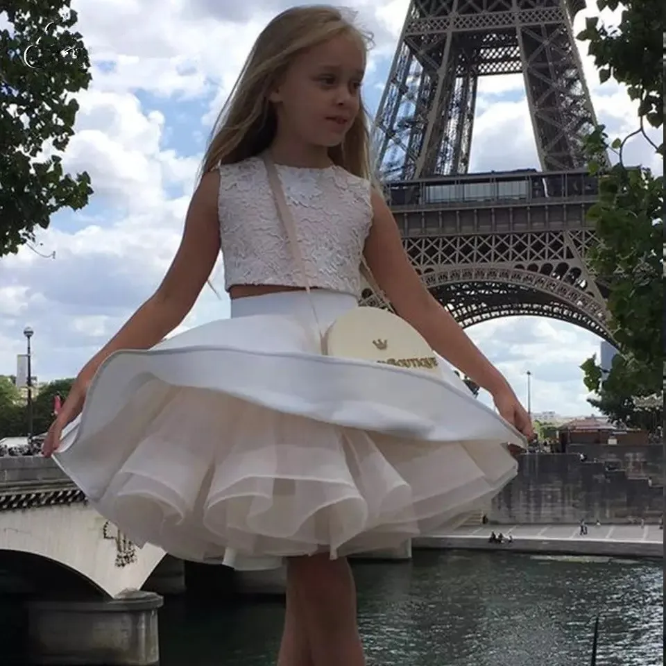 Zwei Stücke Nette Puffy Mädchen Prinzessin Kleider Spitze Satin Schichten Tüll Kinder Party Kleid Spitze Appliques Ballkleid Celebrity Kleider