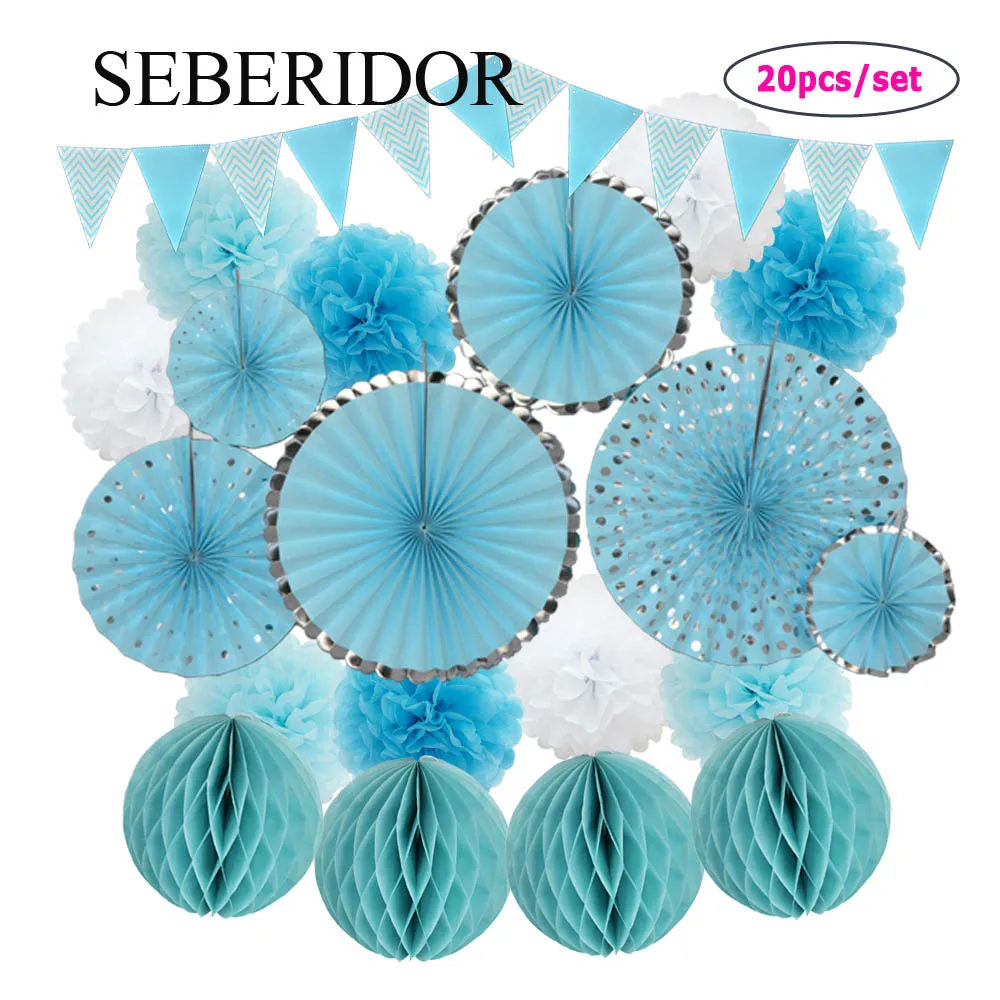 

Kids Boy Girl Mi Primera Comunion Party Favor Blue White Set Mixed Paper Fan Banner Pompom Honeycomb For Birthday Wedding Decor