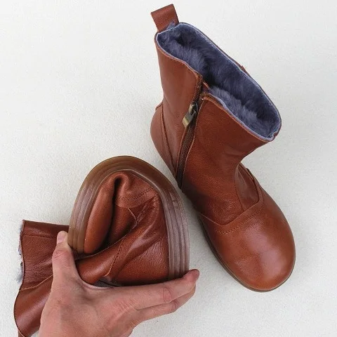Careaymade-Genuine leather shoes,pure handmade Women\'s boots with winter wool medium high barrel plush and thickened soles boots