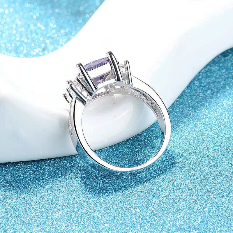 Fashion Rings 925 Silver Jewelry Rectangle Amethyst Zircon Gemstone Finger Ring for Women Wedding Engagement Party Ornaments