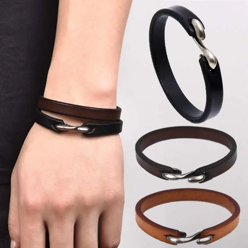 Men Bracelet Genuine Leather Bangle Retro Cuff Bracelet Classic Hooks Wristband Men Women Jewelry Gifts