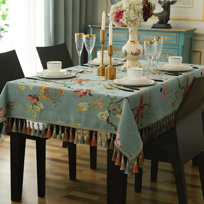 

Multifunction Retro Table Cloth Cover Elegant Jacquard Rectangular Home Luxury Tea Green Tablecloth Tassel Tapete Mantel Mesa