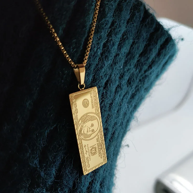 100 Dollar Bill Gold Pendant Necklace Stainless Steel Box Chain Punk Hip-hop  Women Men