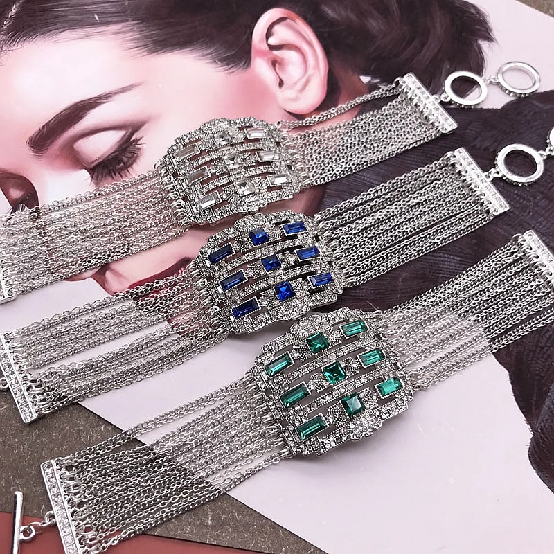 Wide Bracelets Blue Green Crystal Stones Multi Chains Bracelet For Women Party Wedding Jewelry