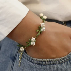 ALLYES Elegant Cream Green Pearl Flower Chain Bracelets for Women Fashion Natural Light Luxury Bracelet Bangle Female Jewelry