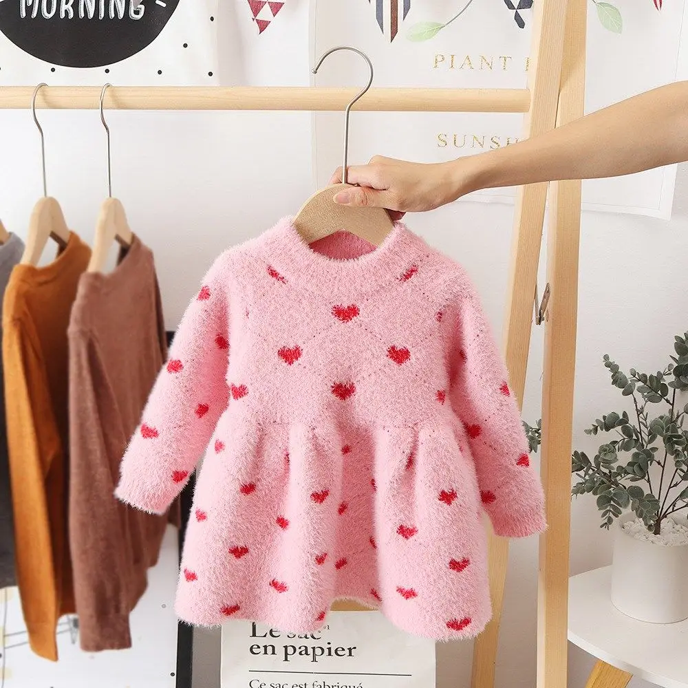 Girls Winter Imitation Mink Fleece Sweater Princess Dress Baby Knit Sweater Baby Winter Foreign Style Hedging Dress