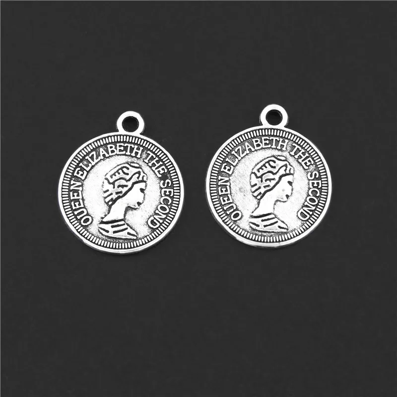 30pcs Silver Color Round Coin Elizabeth II Charms Head Portrait Pendant Bracelet Necklaces Jewelry Accessories