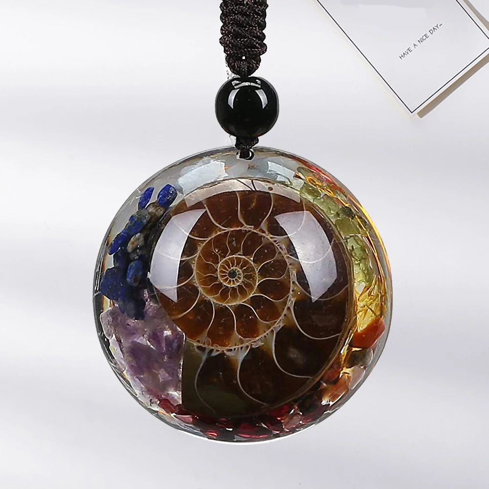 

7 Chakra Natural Healing Crystal Pendant Spiral Adjustable Resin Ammonite Chip Stones Symbols Necklace Gemstones Jewelry