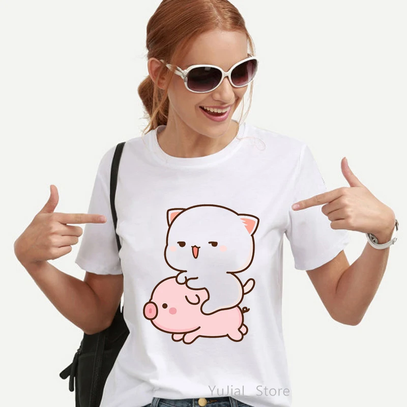 Kawaii Women'S Clothing Peach And Goma Mochi Cat Cartoon Print Tshirt Femme Korean Style Clothes Harajuku T Shirt Tops