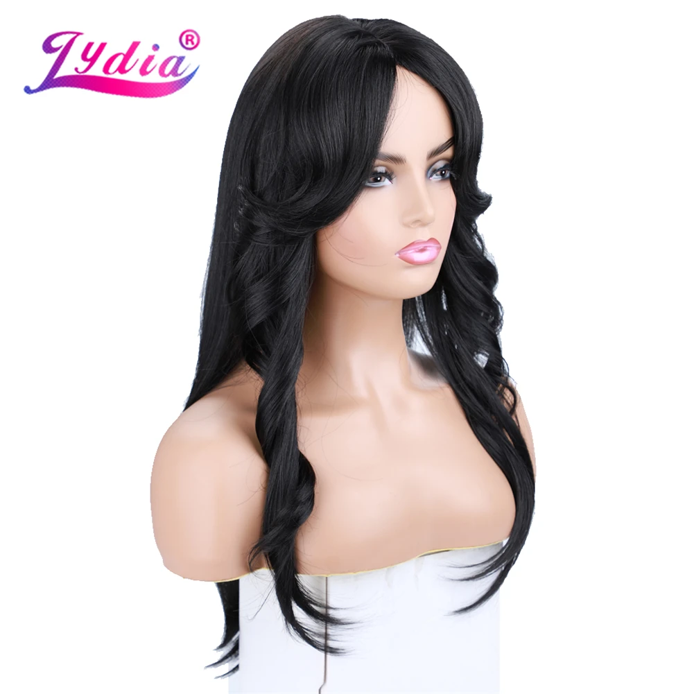 Lydia Long Straight Synthetic Hair Wigs With Curly-Bang For African American Women Black 22 Inch Kanekalon Daily Wig 56cm