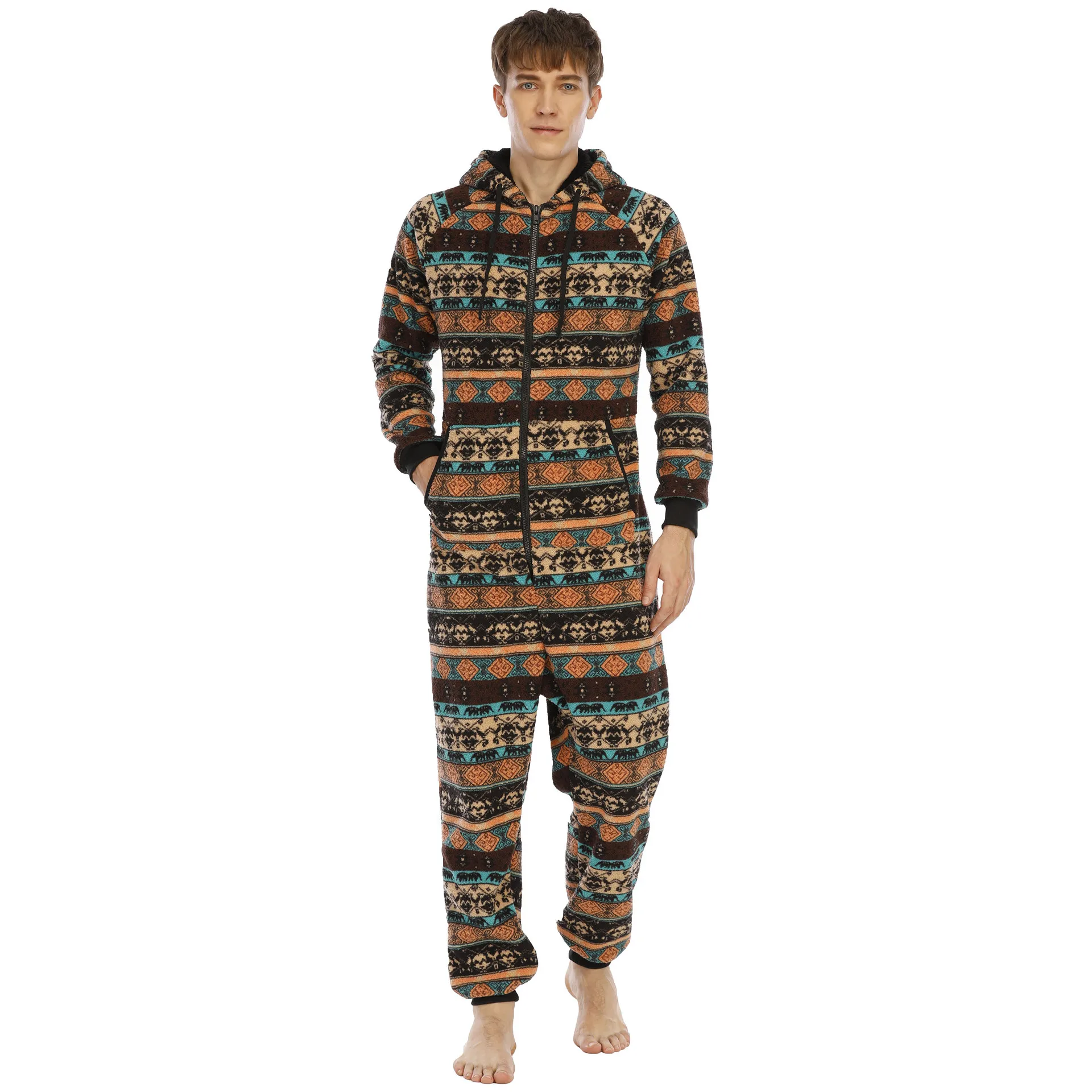 Pijama de flanela para homens, macacão masculino de manga longa com capuz e zíper para outono e inverno