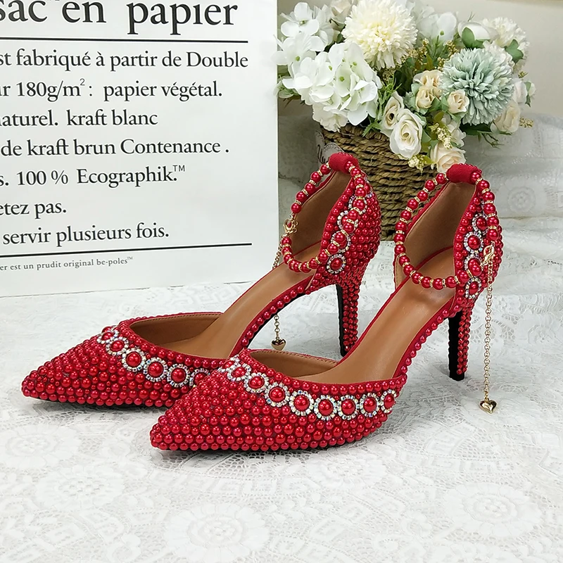 9cm Heel Pointed Toe Women wedding shoes Ankle strap Buckle shoes Pearl Flower party dress shoes RED Beads shoes woman