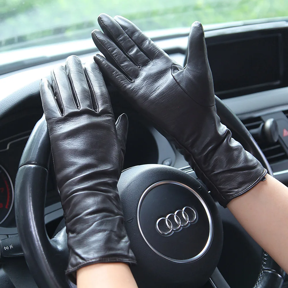 Real Leather Gloves Female Autumn Winter Thermal Woolen Knitted Lined Fashion Black Driving Women Sheepskin Gloves L010NZ