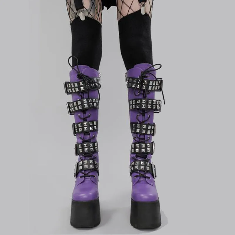 Ladies Purple Fashion Lace up Knee High Heel Platform Boots Gothic Metal Decorative Women\'s Boots Zipper Wedge Heel Boot Size 42