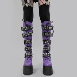 Ladies Purple Fashion Lace up Knee High Heel Platform Boots Gothic Metal Decorative Women's Boots Zipper Wedge Heel Boot Size 42